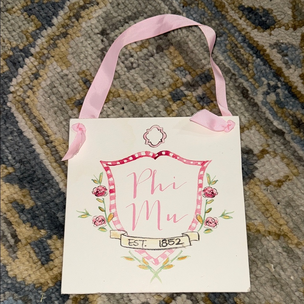 Phi Mu Decorative Sign with Pink Ribbon